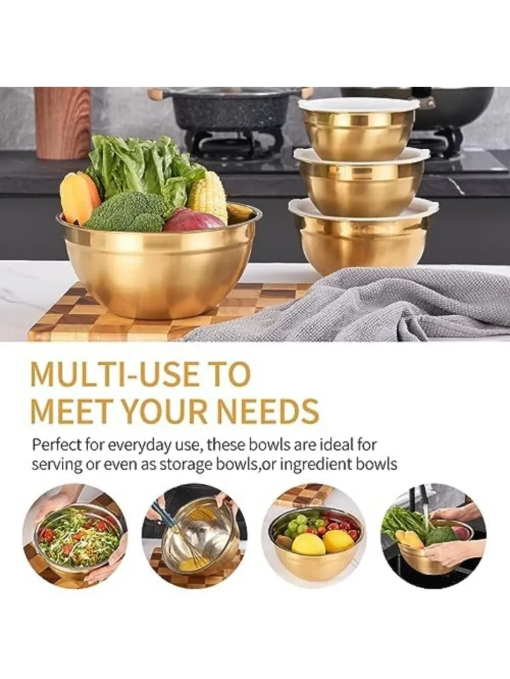 7-Piece Stainless Steel Mixing Bowls Set with Airtight Lids - Stackable, Ideal